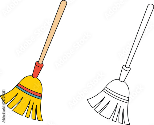 Broom clipart, cleaning tool vector, household broom illustration, color and outline drawing, domestic equipment art, sanitation tool graphic