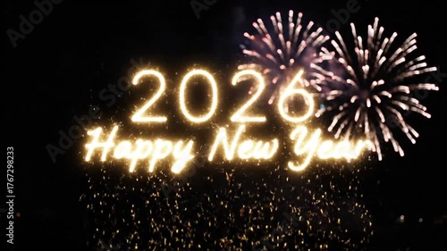 Happy New Year 2026 festive fireworks display against a dark night sky