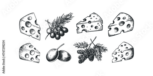 Hand Drawn Swiss Cheese and Olives Elements