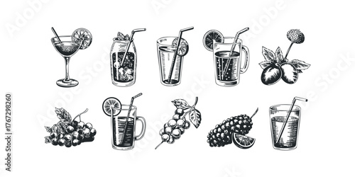 Hand Drawn Collection of Refreshing Summer Drinks and Fruits