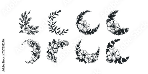 Floral botanical corner ornaments and decorative leafy branches