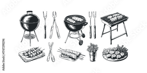 Barbecue grilling tools and food collection