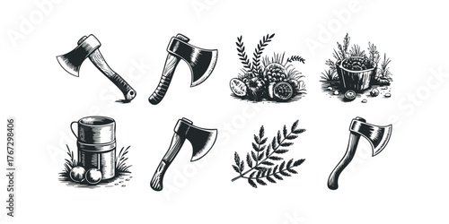 Collection of Stylized Woodcut Illustrations of Axes and Harvest Items