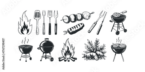 Collection of barbecue and grilling elements