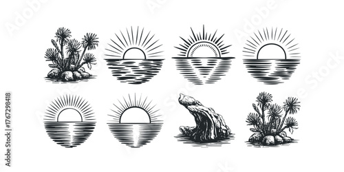 Collection of stylized sun and nature elements
