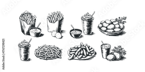 Collection of Hand-Drawn Fast Food Items