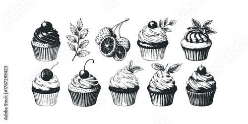 Collection of Hand Drawn Cupcakes with Berries and Leaves