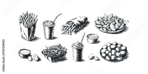Hand-drawn collection of potato-based fast food items