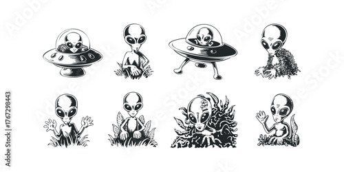 Set of alien figures in various poses and spacecraft