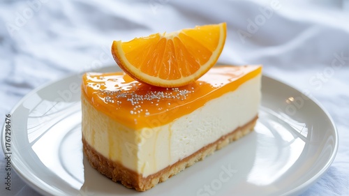 Slice of orange cheesecake with glaze and powdered sugar on white plate