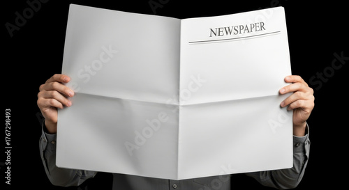 Hands holding an open, blank newspaper with the title 
