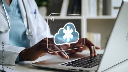 Healthcare Professional Using Laptop with Cloud Medical Data Icon for Digital Health Records and Telemedicine