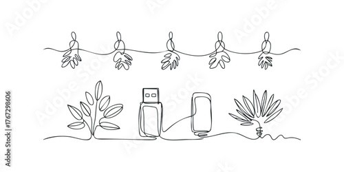 Line drawing of objects and figures on white