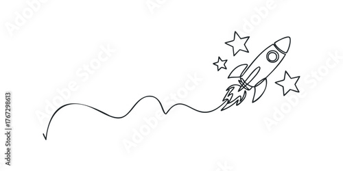 Outline rocket flying past stars with fiery trail