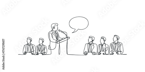 Speaker addresses audience at podium with speech bubble