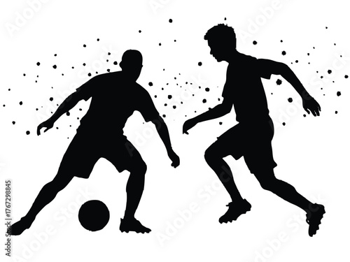 Vector art of two soccer players in silhouette compete for the ball