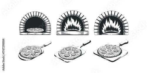 Pizza Baking Oven and Pepperoni Pizza on Peel