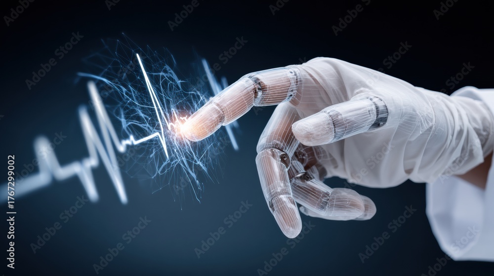 Fototapeta premium Futuristic Robotic Hand Interacting With Digital Heartbeat Waveform in a Dark Environment Showcasing Advanced Technology