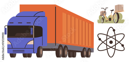 Large cargo truck, eco-delivery bike with packages, and atomic structure reflecting transport, energy, and innovation. Ideal for logistics, sustainability, innovation, energy delivery