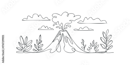 Volcano erupting with smoke and surrounding foliage
