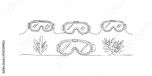 Four Goggles and Floral Sprigs Line Art