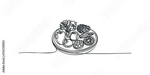 Minimalist line drawing of a fruit and vegetable platter