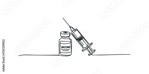 Continuous line drawing of vaccine vial and syringe