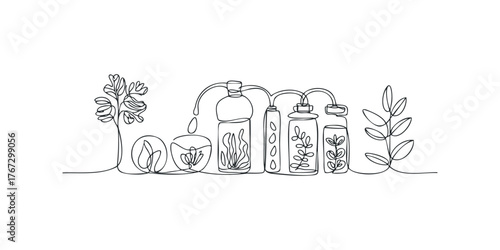 Botanical extraction laboratory setup continuous line drawing