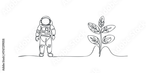 Astronaut standing next to growing plant single line drawing