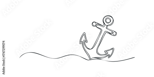 Single line drawing of an anchor on a wavy surface