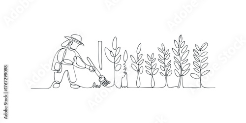 Gardener Tends Plants in Continuous Line Drawing Style