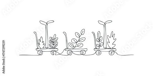 Three plant carts with green leaves in continuous line style