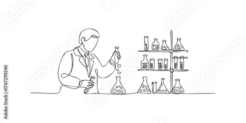 Scientist conducting experiment with beakers and flasks