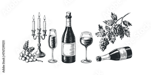 Still life drawing of wine bottles, glasses, grapes, and candles