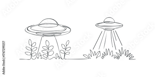 Two simple line drawings of UFOs hovering over stylized plants