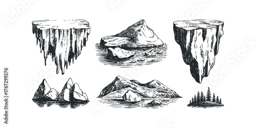 Sketch of floating islands and ice formations