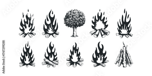 Campfire and tree graphic elements