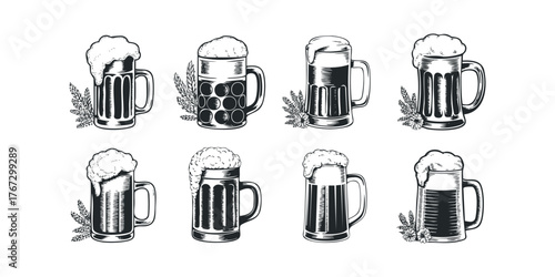 Set of Eight Vintage Beer Mugs with Foam and Barley