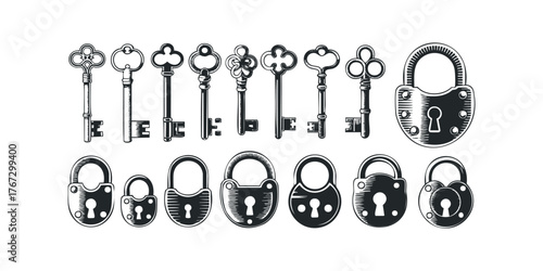 Collection of vintage keys and padlocks