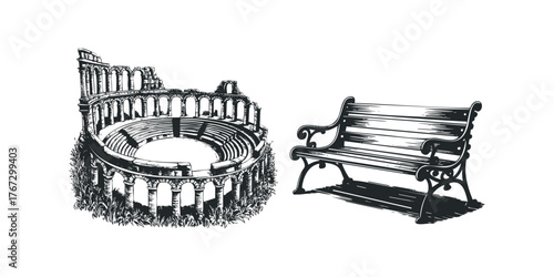 Ancient Arena Ruins And Garden Bench Sketch
