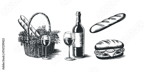 Picnic basket with bread, grapes, wine and sandwich