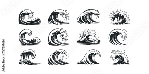 Collection of twelve distinct crashing wave graphics