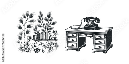 Vintage Rotary Phone on Wooden Desk Next to Bookshelf with Plants