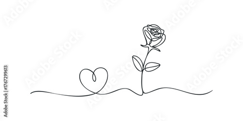 Continuous line drawing of a rose with a heart shape