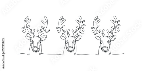 Three Reindeer Heads Continuous Line Drawing