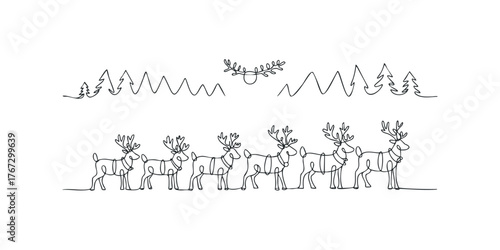 Continuous Line Drawing of Reindeer Herd with Winter Landscape