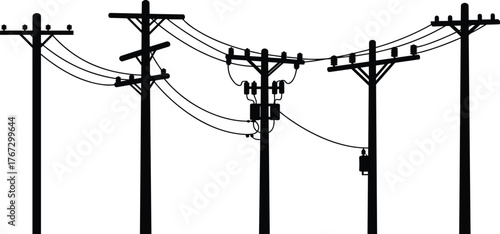Utility pole silhouette vector, electrical distribution network, power line infrastructure, transformer equipment illustration, energy transmission system, editable design for stock content