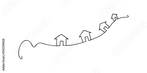 Minimalist drawing of houses on a rolling hill