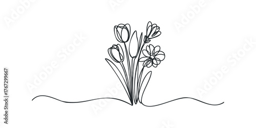 Continuous line drawing of spring flower bouquet