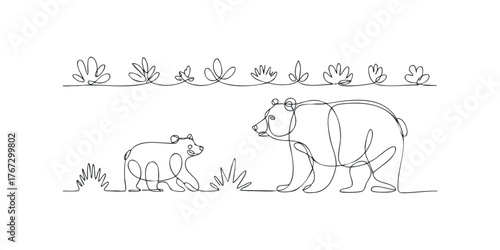 Continuous line drawing of bear and cub walking